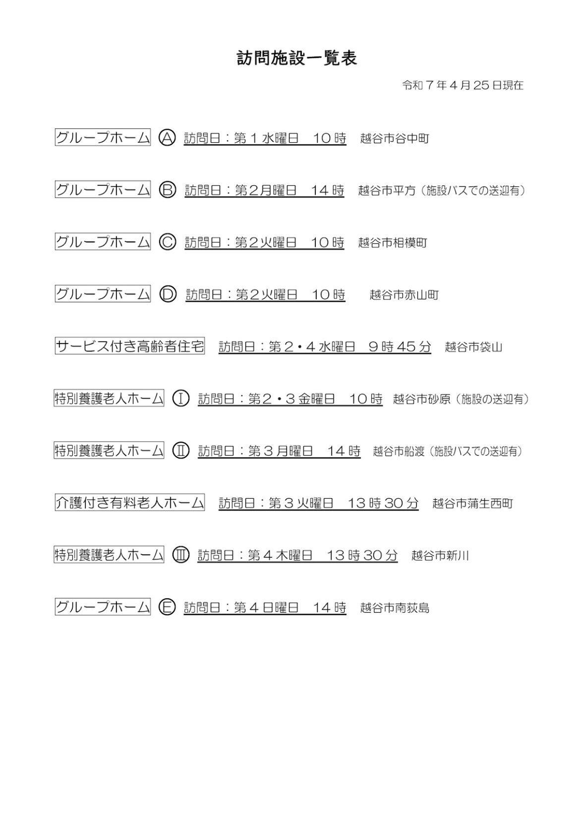 傾聴ボランティアゆうゆうの訪問施設一覧表